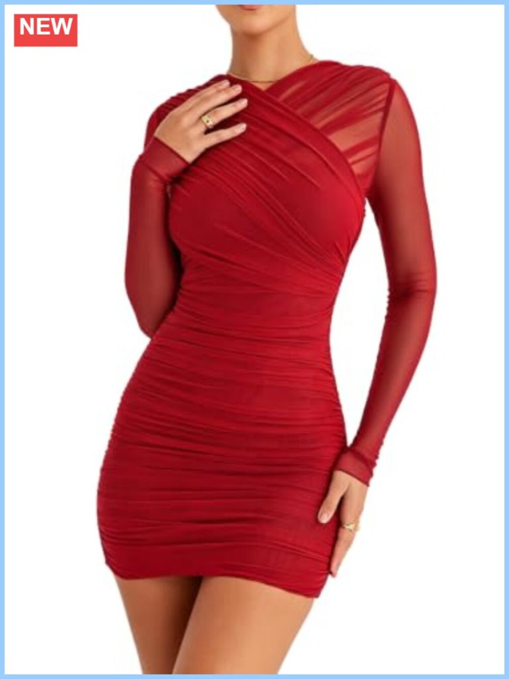 Women's Bodycon Ruched Mesh Long Sleeve Mini Club Dress